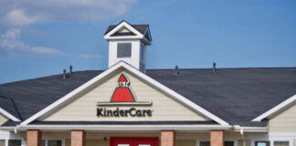 Exterior view of a KinderCare childcare center with a red door