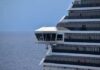 Close-up of a cruise ship bridge overlooking the ocean