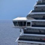 Close-up of a cruise ship bridge overlooking the ocean