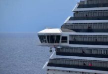 Close-up of a cruise ship bridge overlooking the ocean