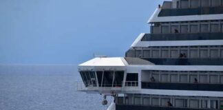 Close-up of a cruise ship bridge overlooking the ocean