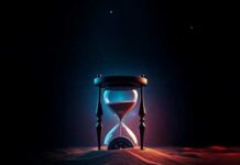 An hourglass with sand in a dark, atmospheric setting