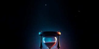 An hourglass with sand in a dark, atmospheric setting