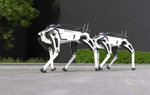 Two robotic police dogs standing on a pavement