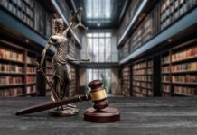A statue of Lady Justice holding scales next to a gavel in a law library