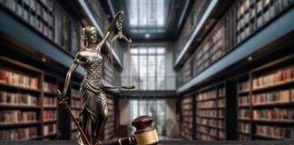 A statue of Lady Justice holding scales next to a gavel in a law library