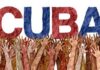 Colorful representation of the word 'CUBA' with raised hands in the background