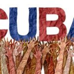 Colorful representation of the word 'CUBA' with raised hands in the background