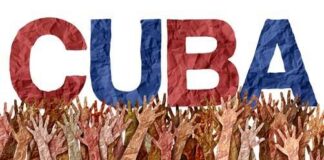 Colorful representation of the word 'CUBA' with raised hands in the background