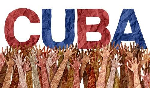 Colorful representation of the word 'CUBA' with raised hands in the background